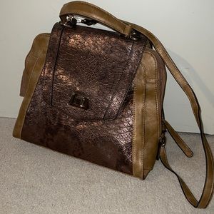 Gold and bronze leather/python (faux?) have no idea brand- women’s handbag